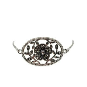 IBB CN Marcasite Floral Openwork Box Chain Bracelet Silver Vintage